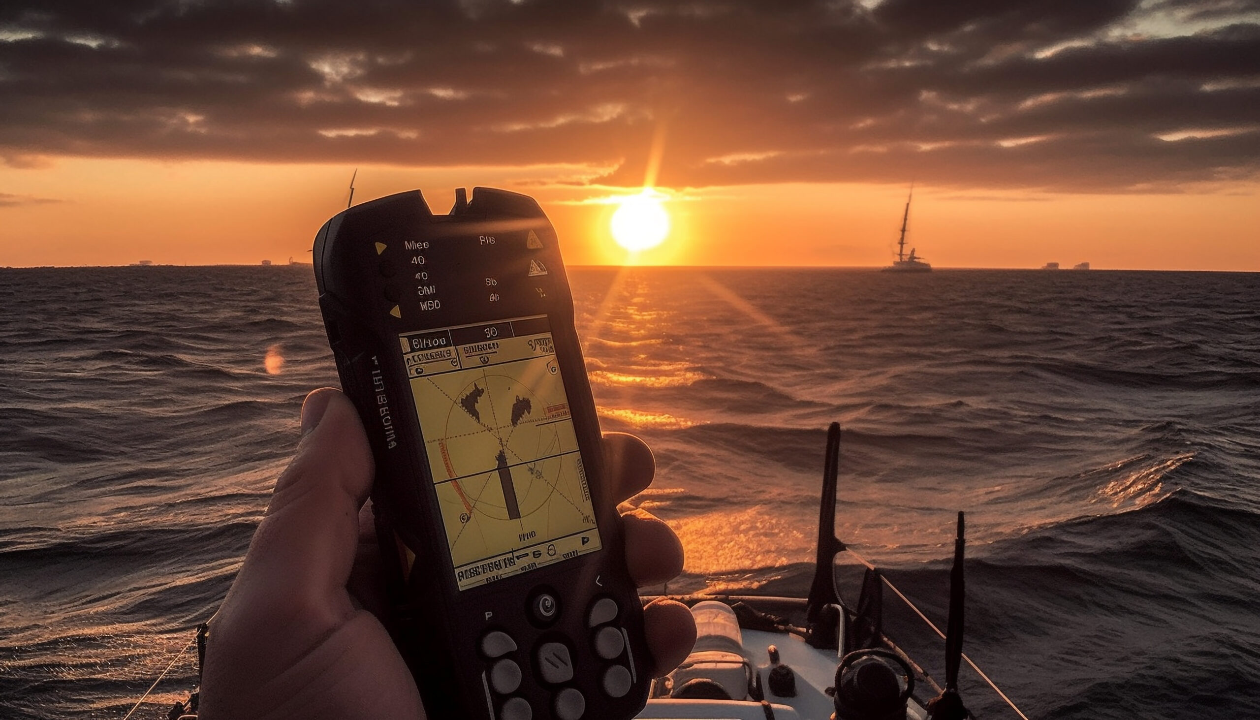 Sailing ship silhouette backlit by sunset generated by AI